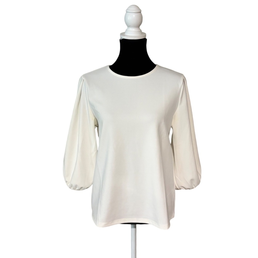 H&M Ivory Puff Sleeve Blouse Top Womens Medium‎ Minimalist Career Cottagecore